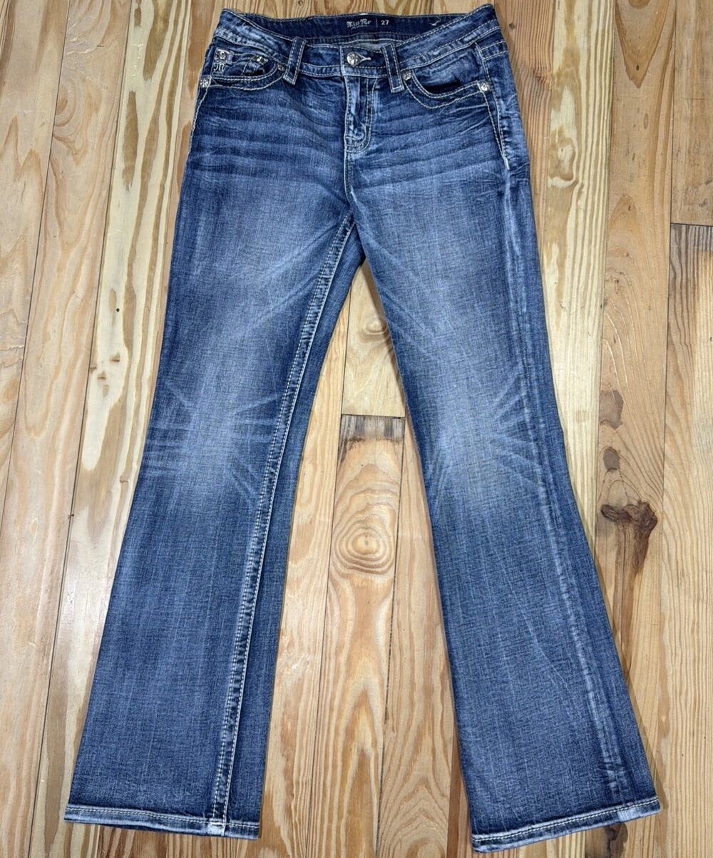 Women's Miss Me LA Boot Low Rise Boot Cut Jeans Size 27x31 Angel Wing Bling
